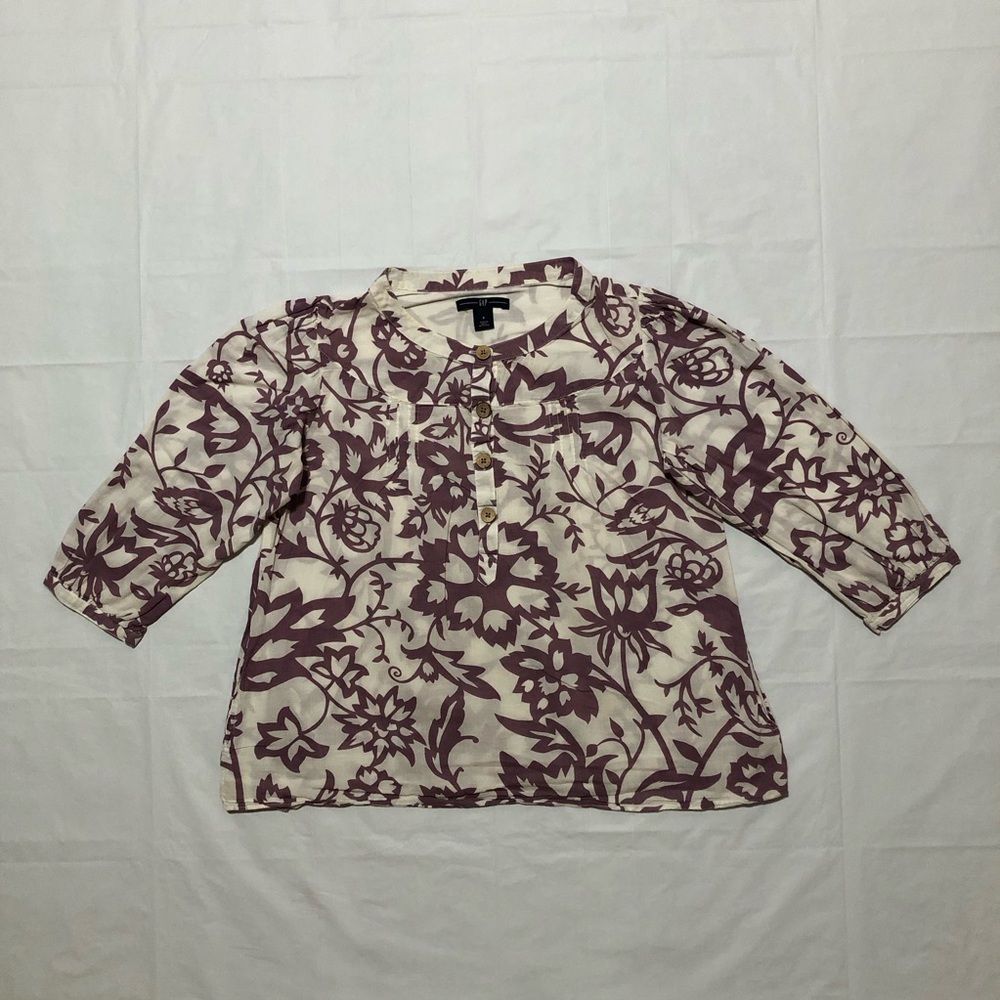 Gap Women’s 3/4 Sleeve 100% Cotton Button-Front Placket Purple & White Blouse S